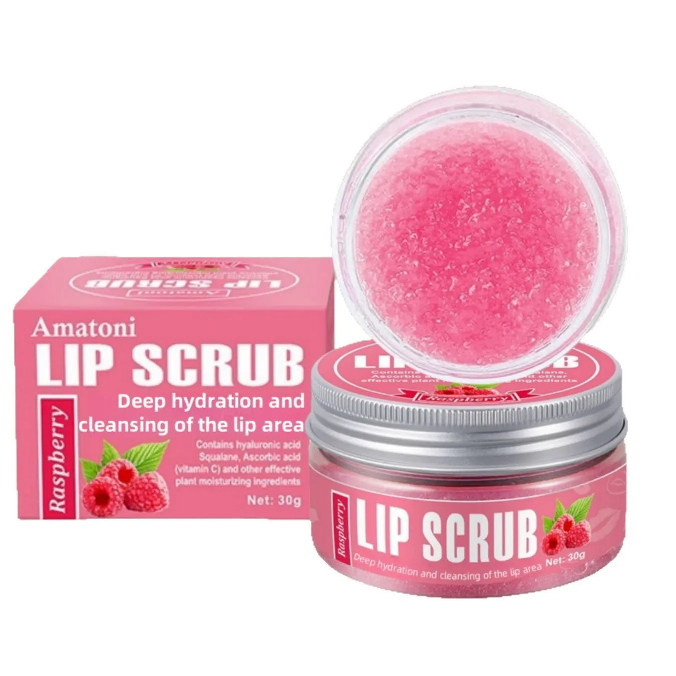 Amatoni Lip Scrub 30g tube in fruit flavours: coconut, raspberry, vanilla, watermelon