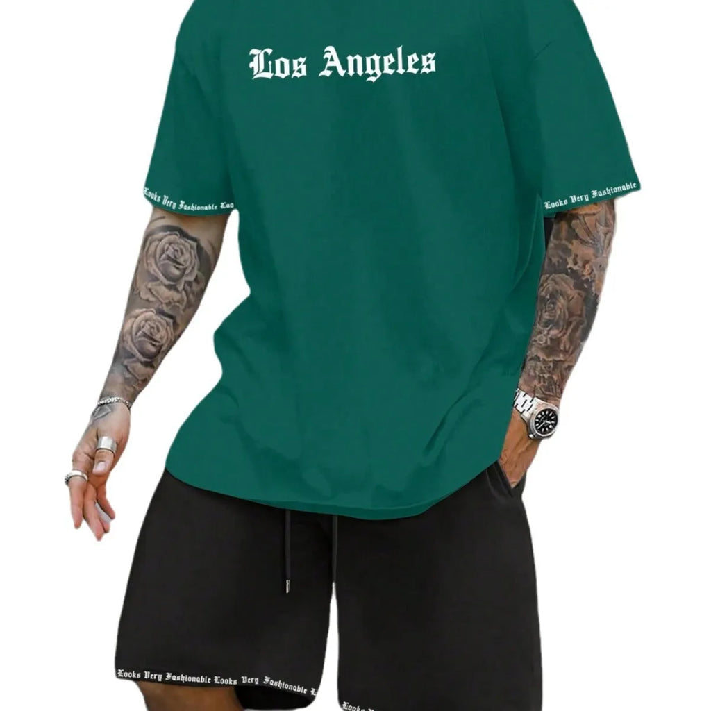 Men's blue sports style short-sleeved top and matching shorts laid flat