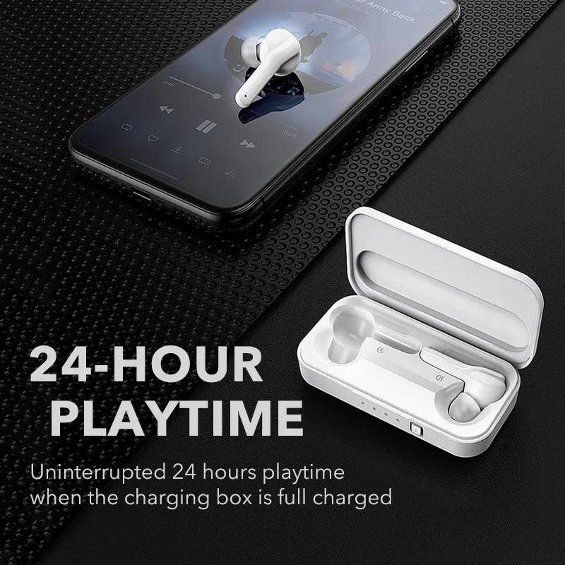 Black and white true wireless stereo earbuds with a compact charging case on a table.