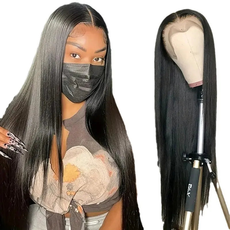 Front lace mid-length straight wig with side bangs in high-temperature fibre, shown in wine red colour.