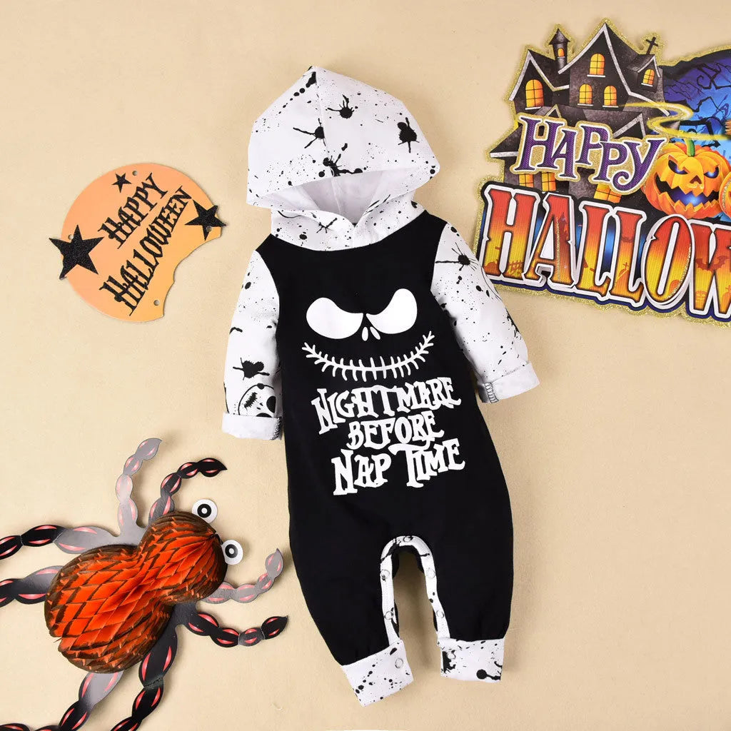 Halloween cotton romper costume with hood and long sleeves in black or brown colour