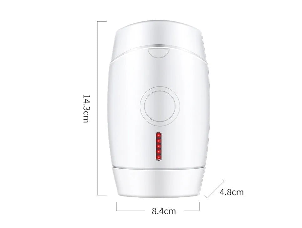 White home laser hair removal device with display screen and button for adjusting five energy levels.