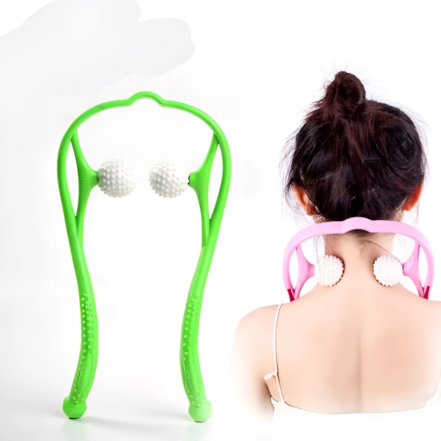 Manual cervical massager with two TPR massage balls and PP handle in green colour