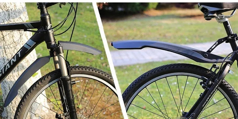 Mountain bike mudguard with quick-release design and rear tail light, black, on a front fork