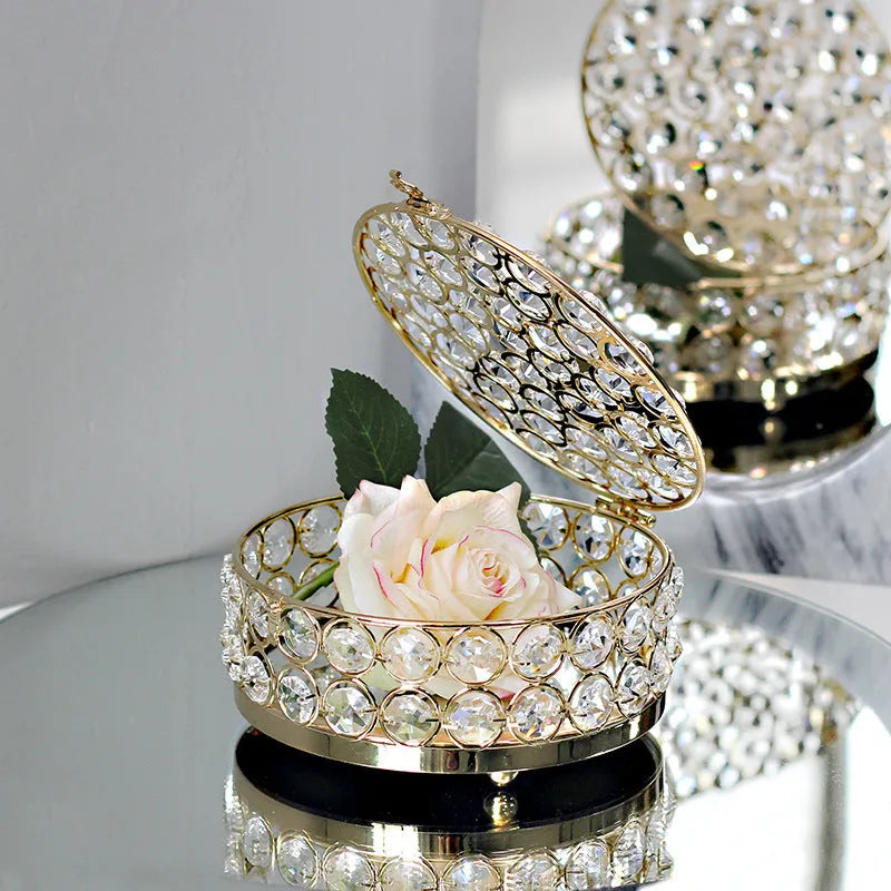 French gold iron frame crystal glass transparent jewelry storage box European style.