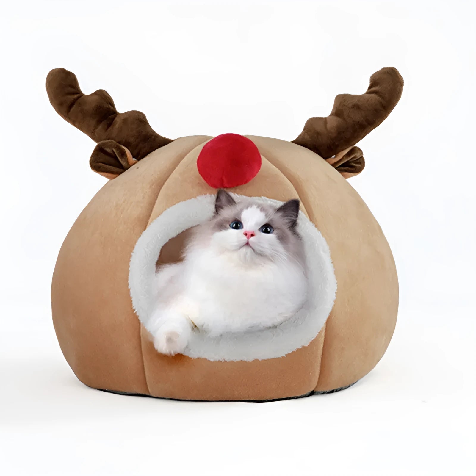 Camel coloured pet tent Christmas reindeer kennel with super soft short plush outer and Arctic fleece lining
