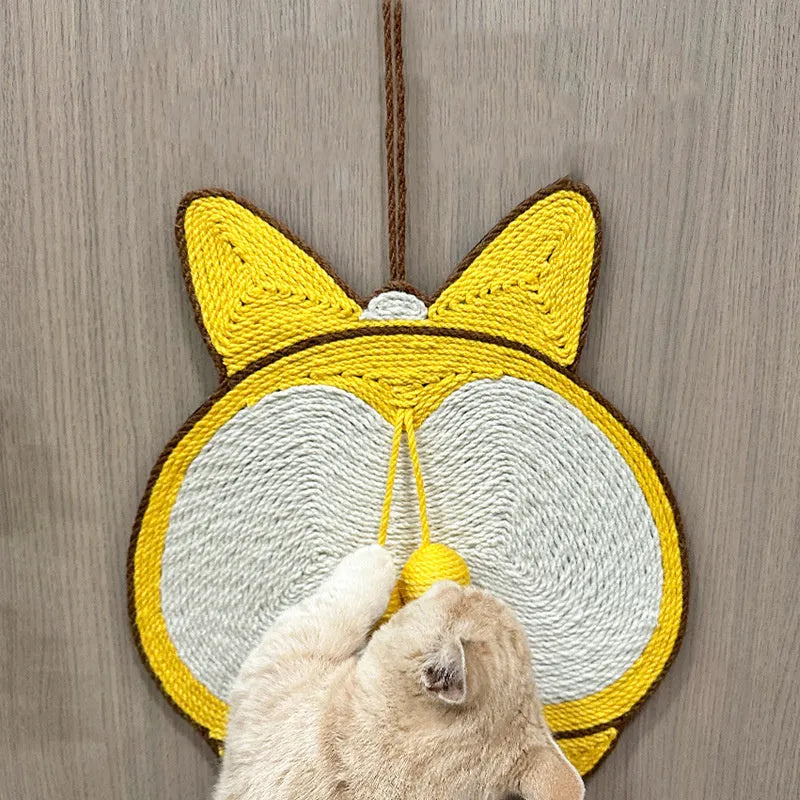 Yellow corgi-shaped sisal cat scratching pad with adhesive hooks and anti-slip base.