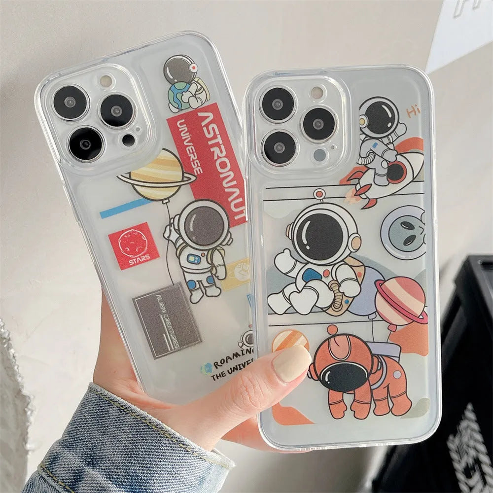 Transparent silicone phone case for iPhone 13 with cartoon astronaut and balloon graffiti design