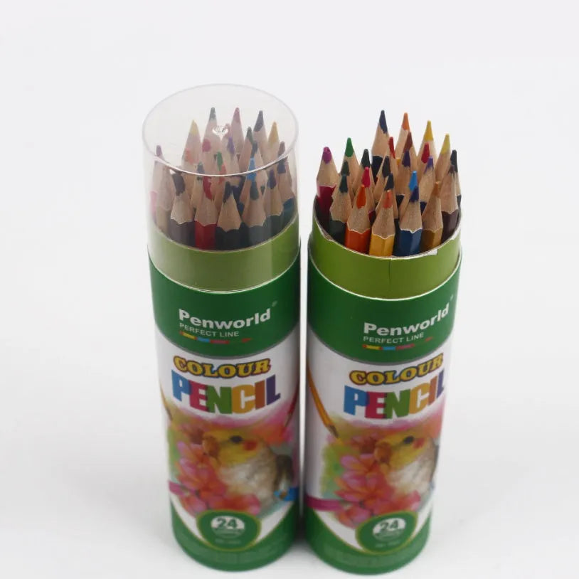 24-colour wooden pencil tube set arranged in a circle showing all colours