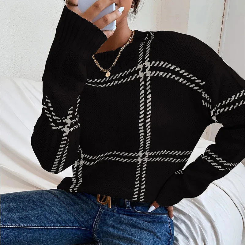 Women's plaid colour-block striped sweater in acrylic with crew neck and loose fit