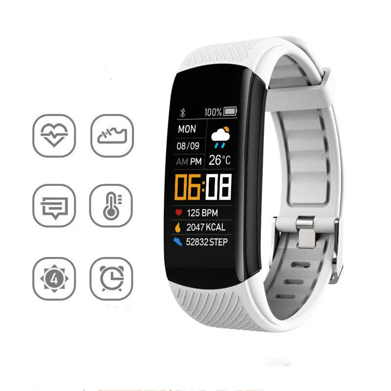 Adult sports silicone pedometer bracelet smart band with touchscreen on a wrist.