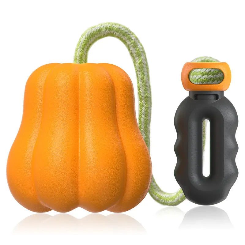 Orange durable plastic pumpkin-shaped dog toy with an attached rope.