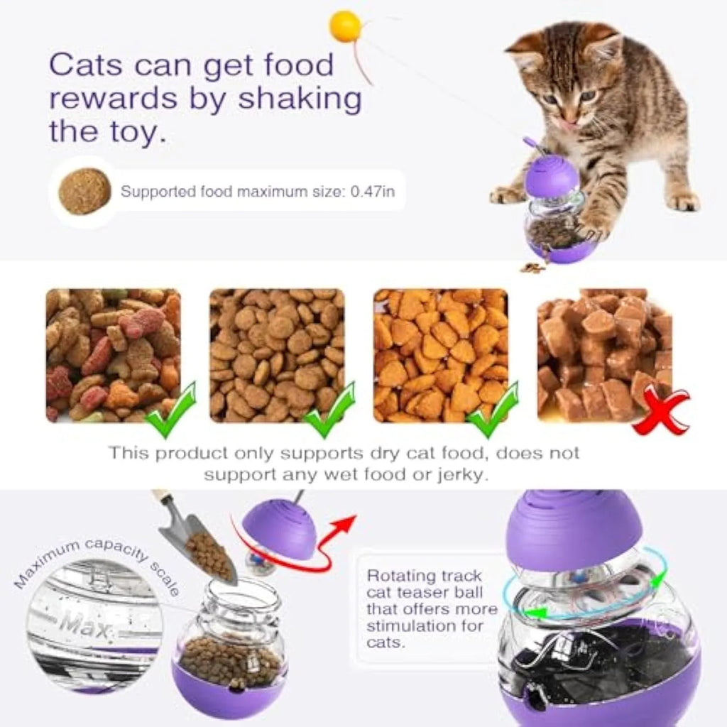 Interactive cat wand toy with rocking base, teaser stick, and built-in food dispenser in yellow.