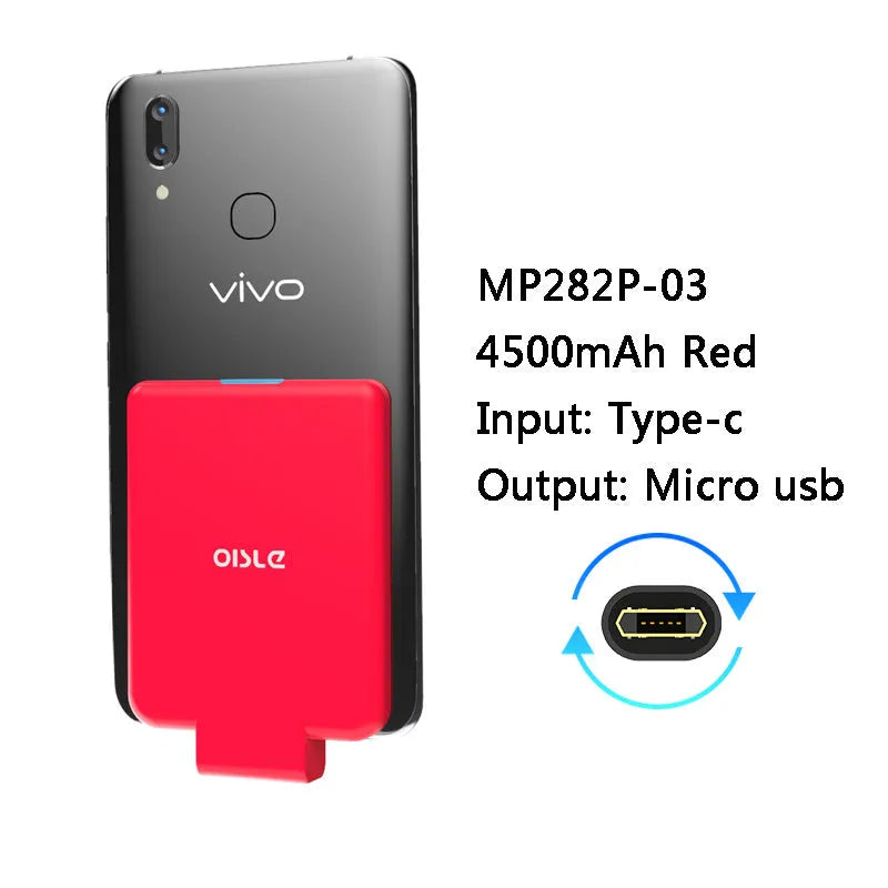 MP282P back clip battery power bank in multiple colours next to a smartphone.