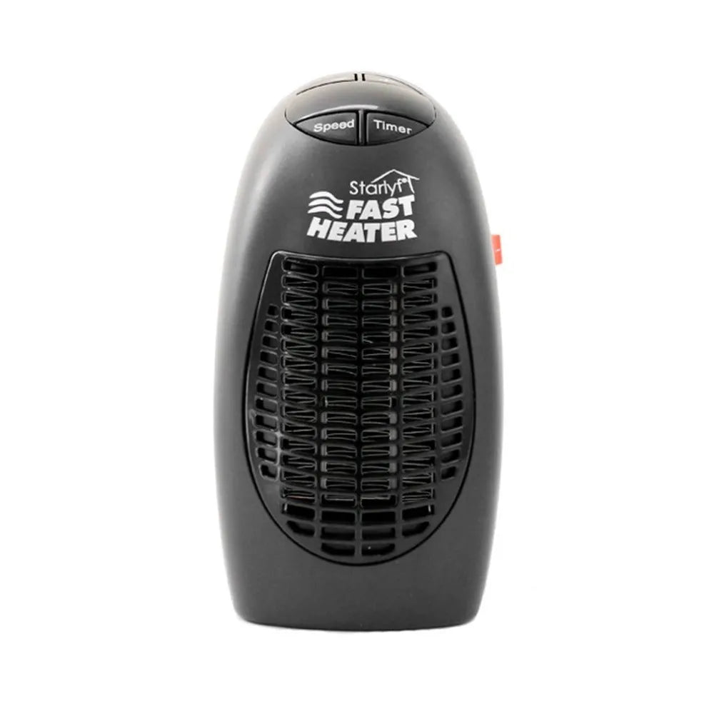 Black compact ceramic electric heater with digital display and rotating plug on a desk.