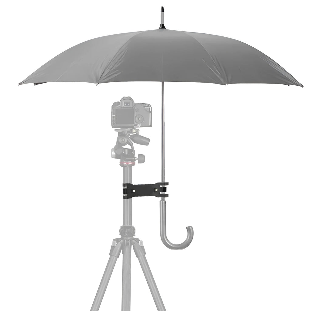 Black ABS plastic umbrella clip mounted on a camera tripod head.