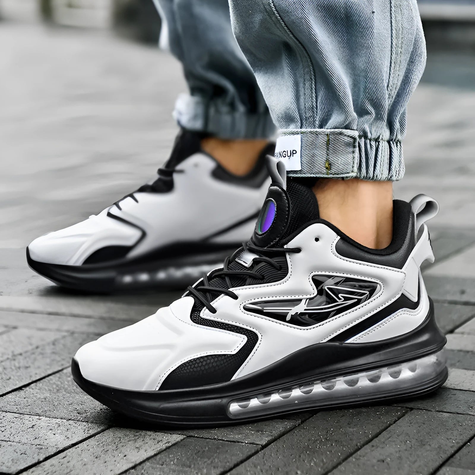 Men's colour-matching lace-up air cushion sneakers with thick sole, microfiber upper, and PU sole in black, green, and white