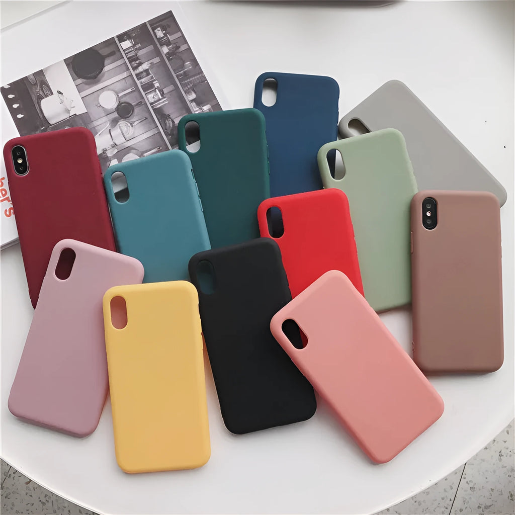 Silicone iPhone case shown in multiple colours including wine red, begonia, and black.