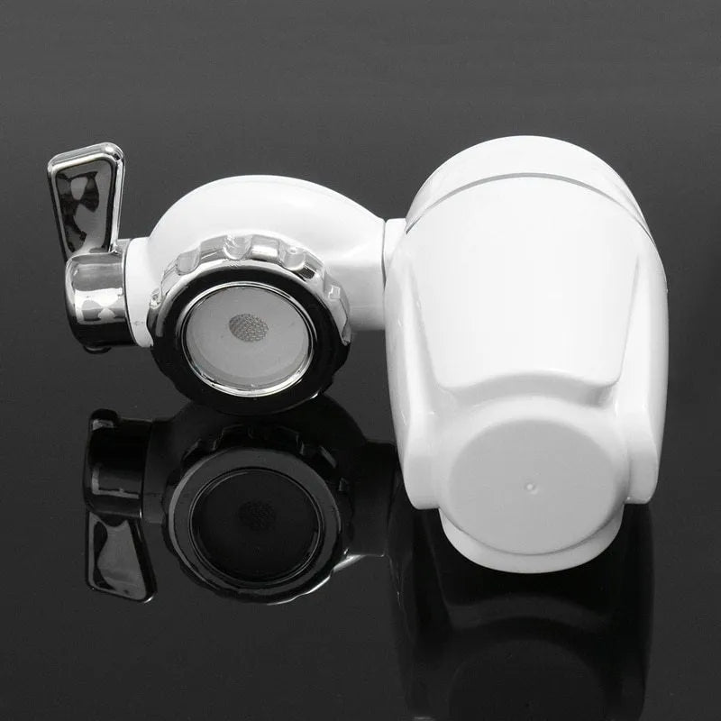 White plastic faucet water filter with ceramic cartridge and set of thread adapters