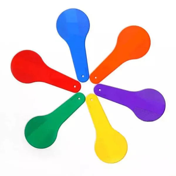 Six colourful PVC learning boards for children, showing red, yellow, blue, green, orange, and purple.