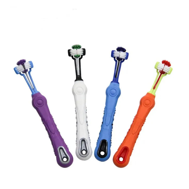 Three sided pet toothbrush with PP TPR handle and nylon bristles in green colour on white background