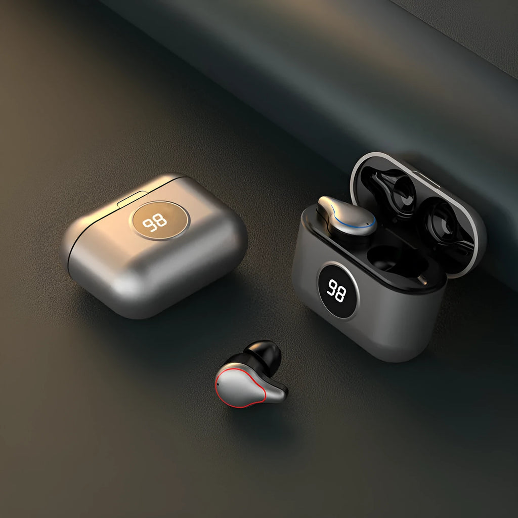 Black and blue in-ear Bluetooth wireless headset shown on a white background.