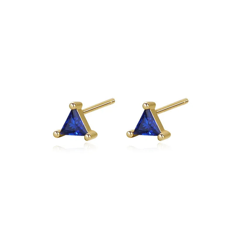 925 sterling silver colour geometric triangle stud earrings with zircon, yellow gold dark blue, 1 pair