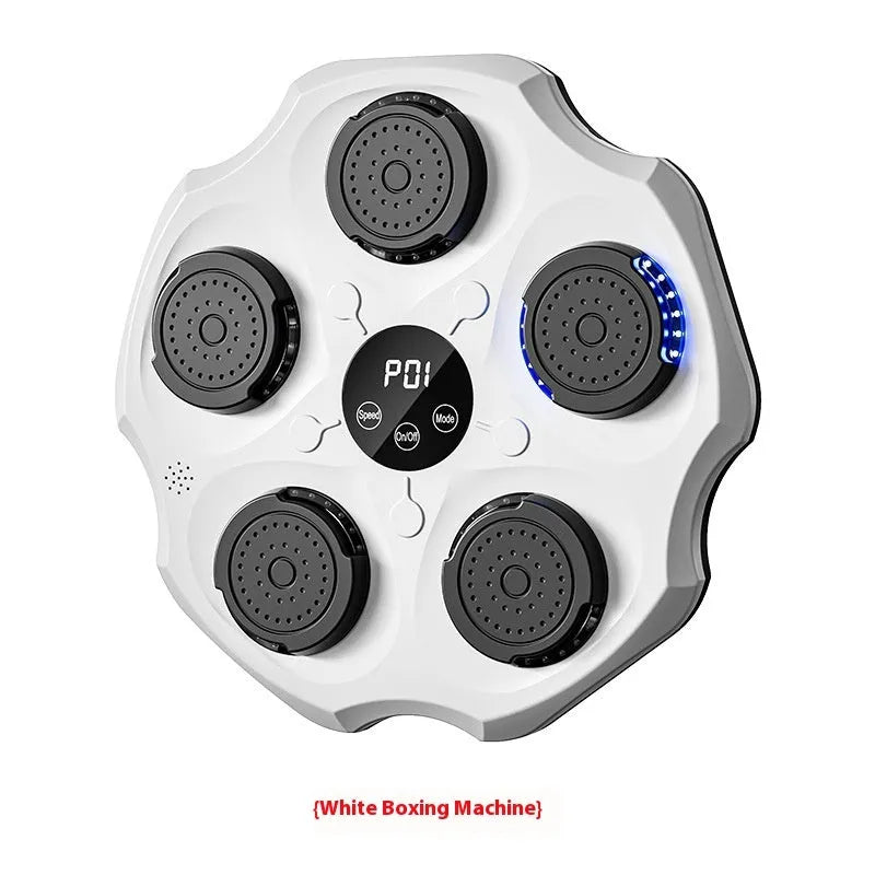 Black hanging boxing wall target with Bluetooth logo and included boxing gloves on a home wall.