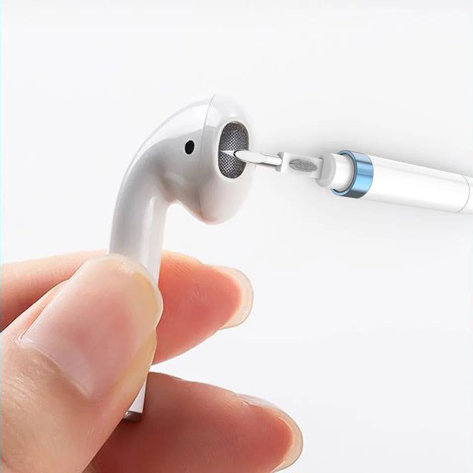 Blue headphone cleaning pen with stainless steel nib and brush, shown with flocking sponge extended.