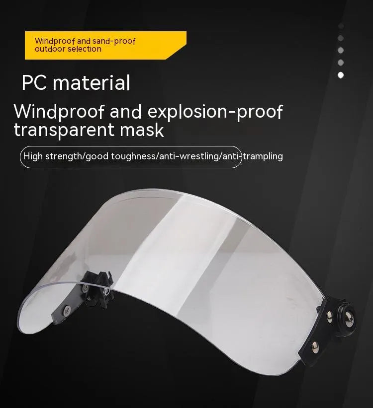 Transparent polycarbonate helmet face shield measuring 30x15cm with guide rail mounting system