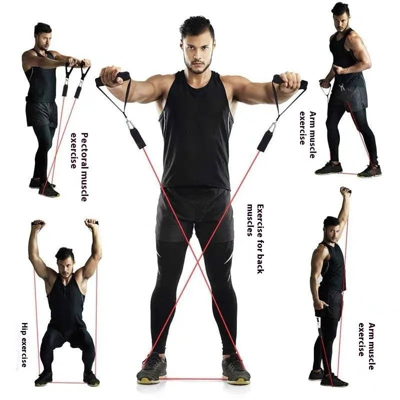 Multi-functional door sports 11-piece combination pulling rope set with ABS components on a white background.
