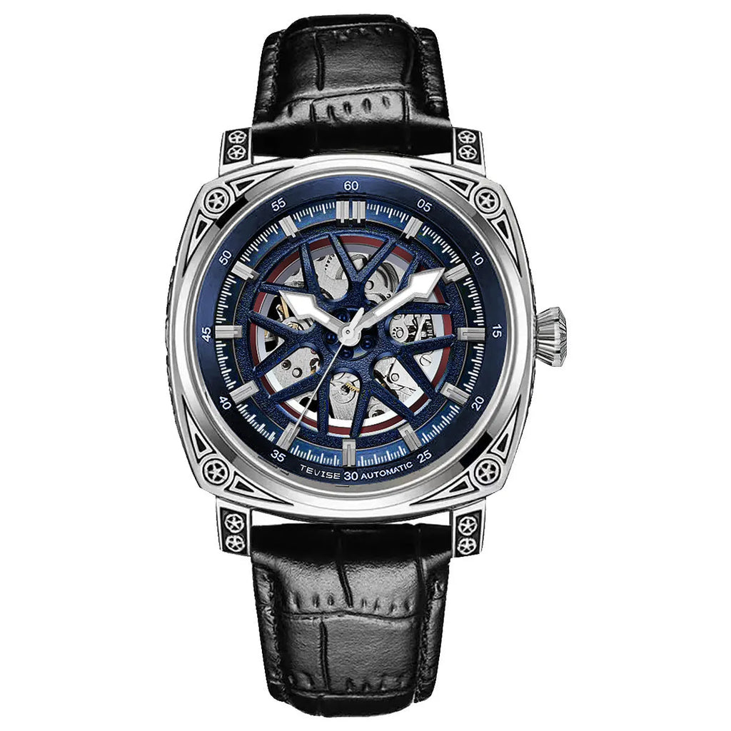 Men's stainless steel automatic watch with a blue leather strap showing time on dial.