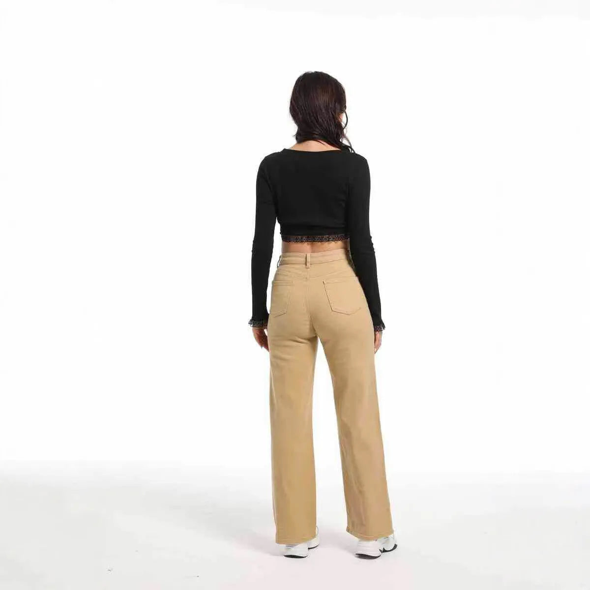 Women's high-waist wide-leg straight jeans in apricot and khaki colours made from stretch cotton.