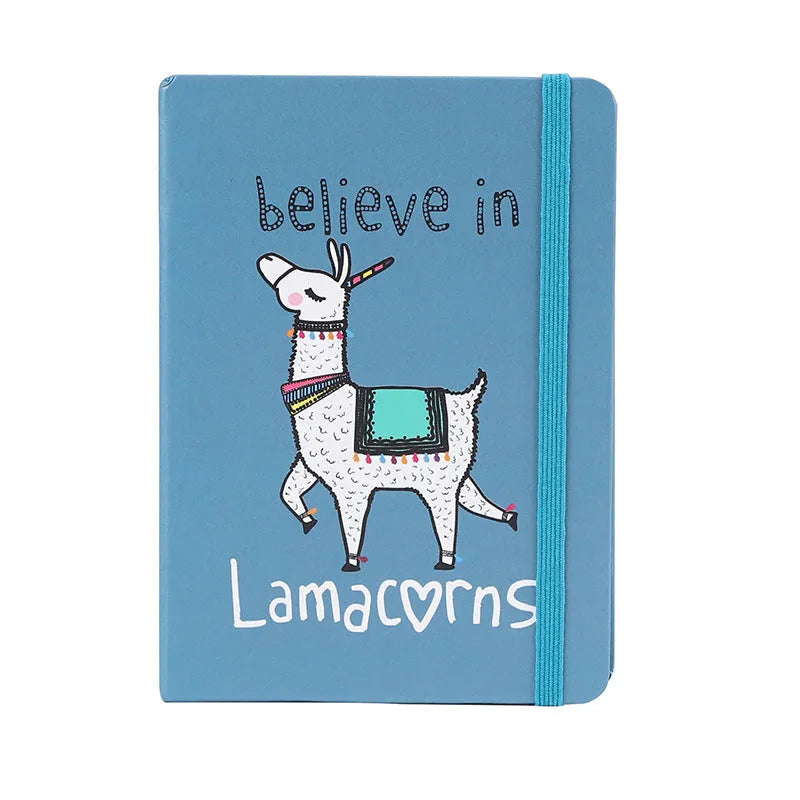 Alpaca cartoon notebook with paper cover showing 96 pages of 80g yellow paper in A5, A6 and A7 size options