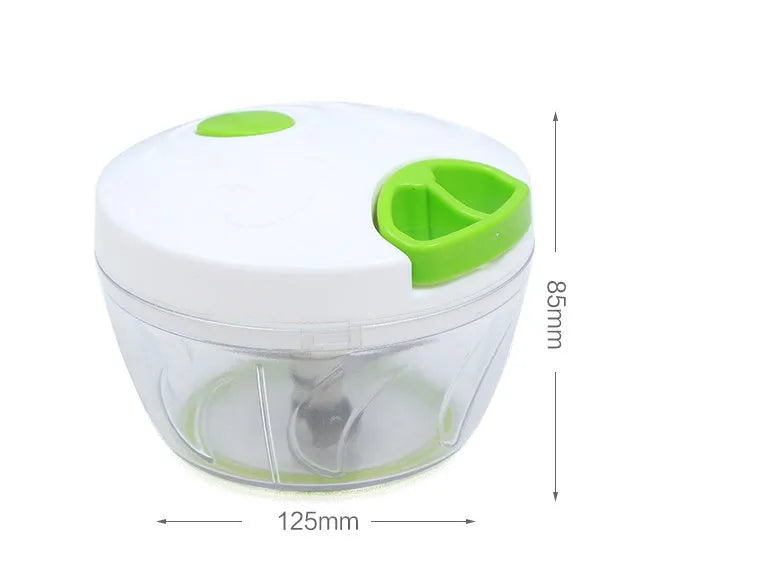 Green manual kitchen chopper grinder with three stainless steel blades and a 500ml transparent bowl.