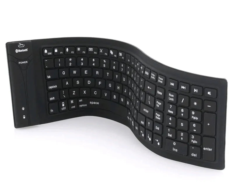 Black Bluetooth folding silicone keyboard with 108 keys and IP67 waterproof rating placed on a desk