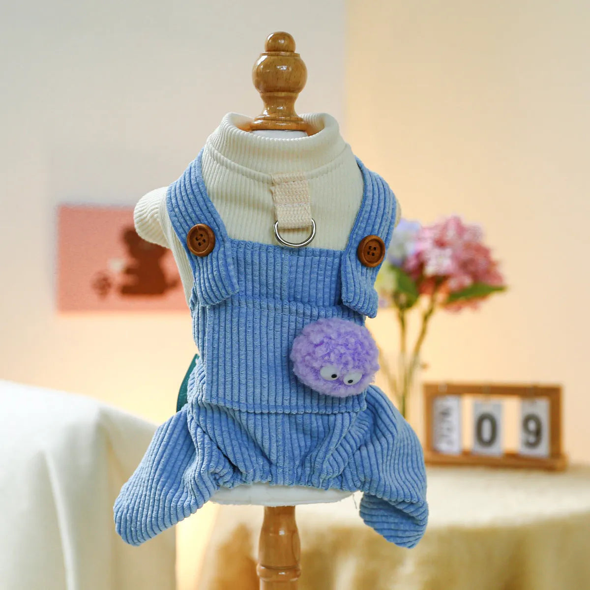 Elf-style polyester pet overalls on small dog or cat, casual design, available in sizes XS to XL