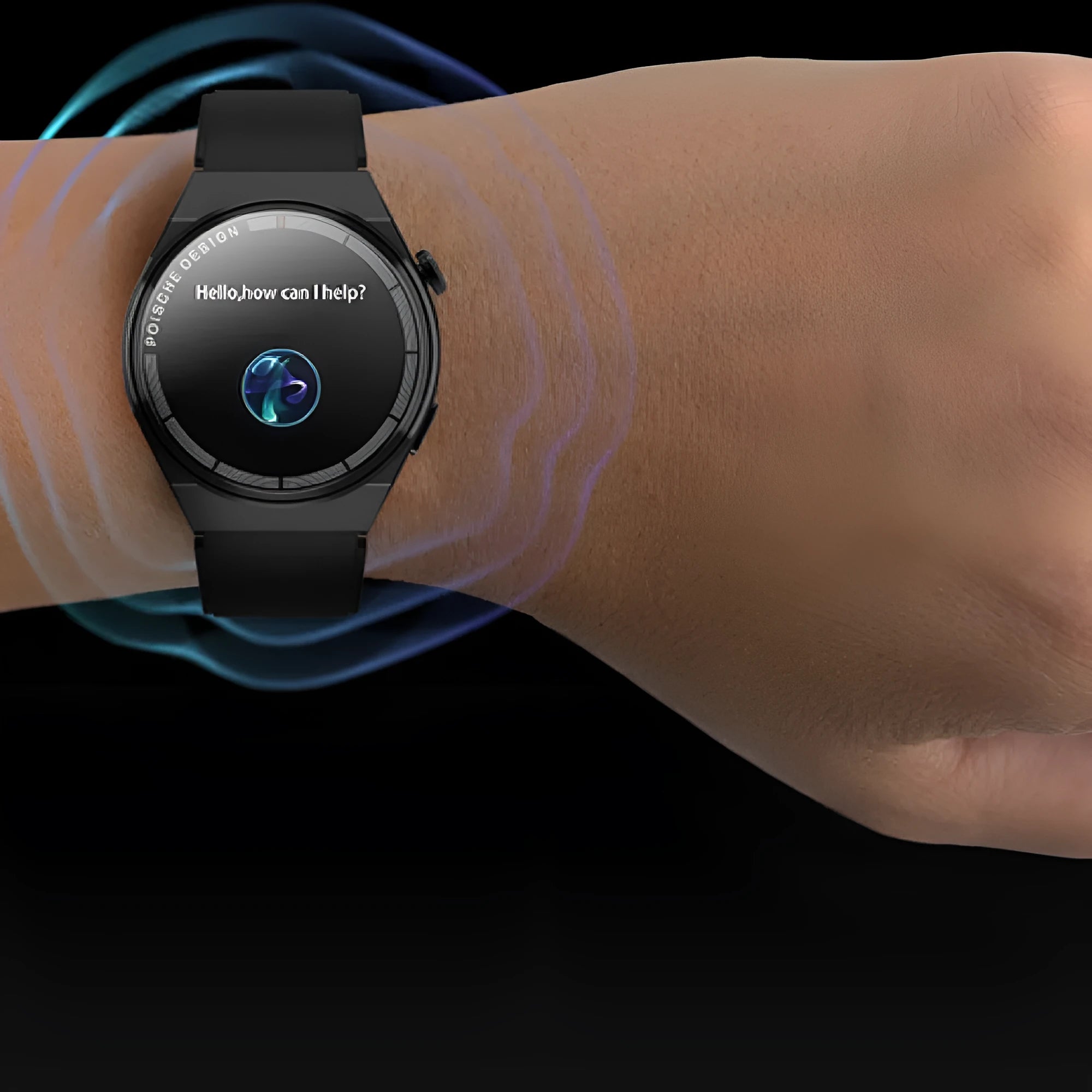 Black smartwatch with a circular 1.39-inch screen on a leather strap, showing NFC and blood glucose icons.