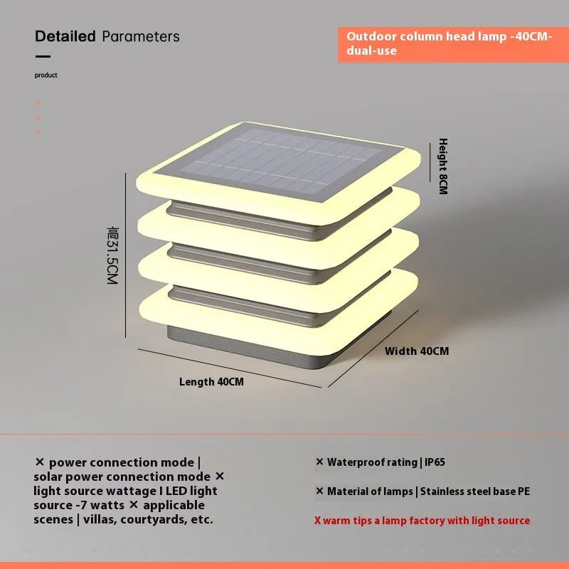 Square stainless steel solar pillar lamp on a garden wall, IP65 waterproof, available in 30cm and 40cm heights
