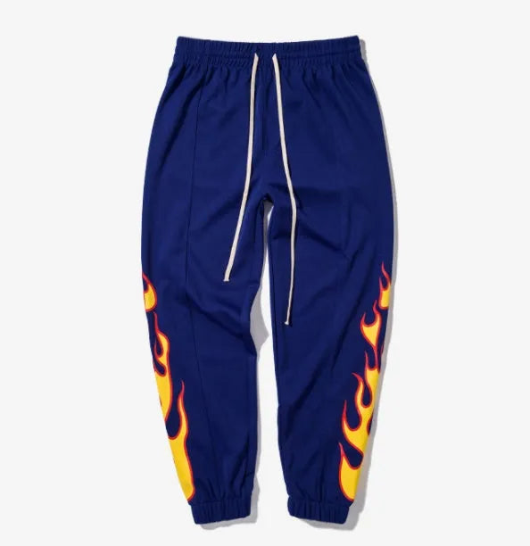 Hop flame print joggers for men and women in black, loose fit cotton blend sweatpants with red, blue flame pattern
