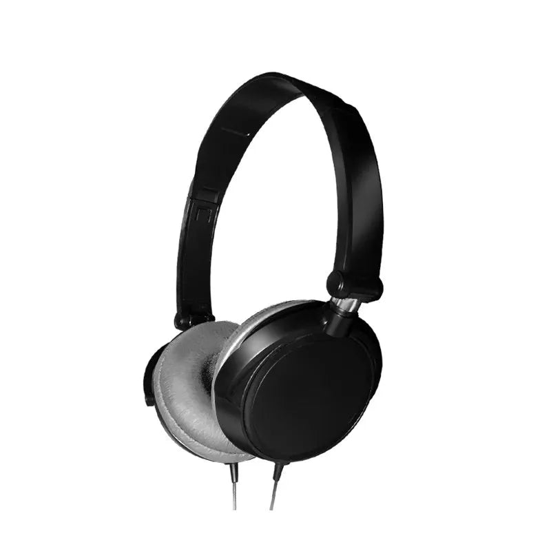 Black folding over-ear wired headphones with adjustable headband and 3.5mm plug on a coiled TPE cable.
