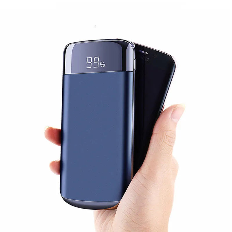 Square aluminium alloy power bank with digital display and multiple USB ports, shown in colour options.