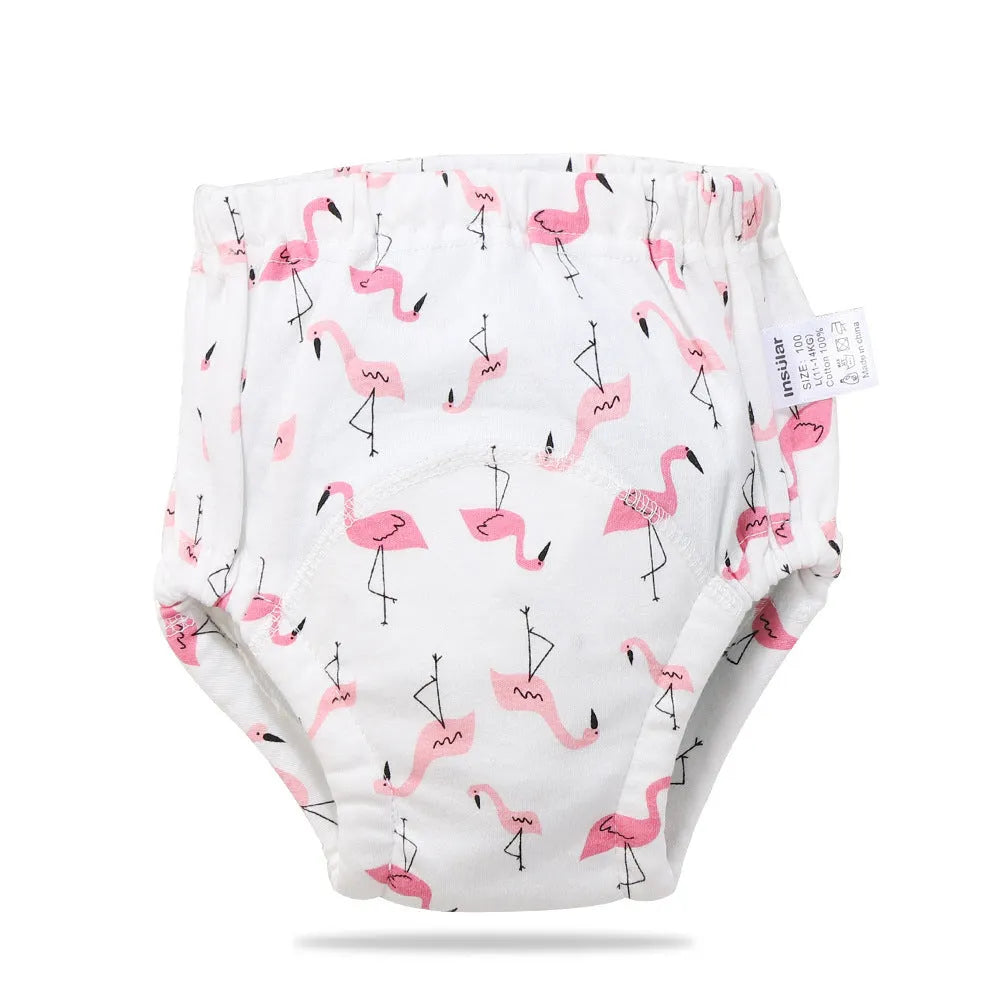 Baby training learning pants in cotton gauze with TPU waterproof layer, shown in panda print on white background