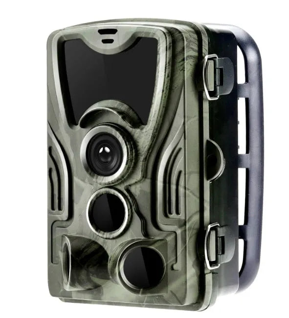 Green cellular trail camera with belt mount showing display screen and infrared LEDs