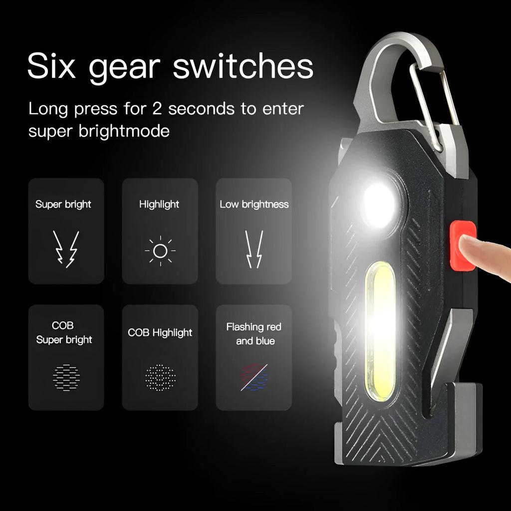 Multifunctional charging emergency light on keychain with COB LED, bottle opener, and screwdrivers