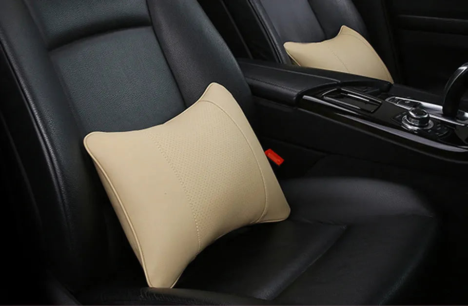 Car breathable headrest with leather surface and classic punched ventilation pattern in beige