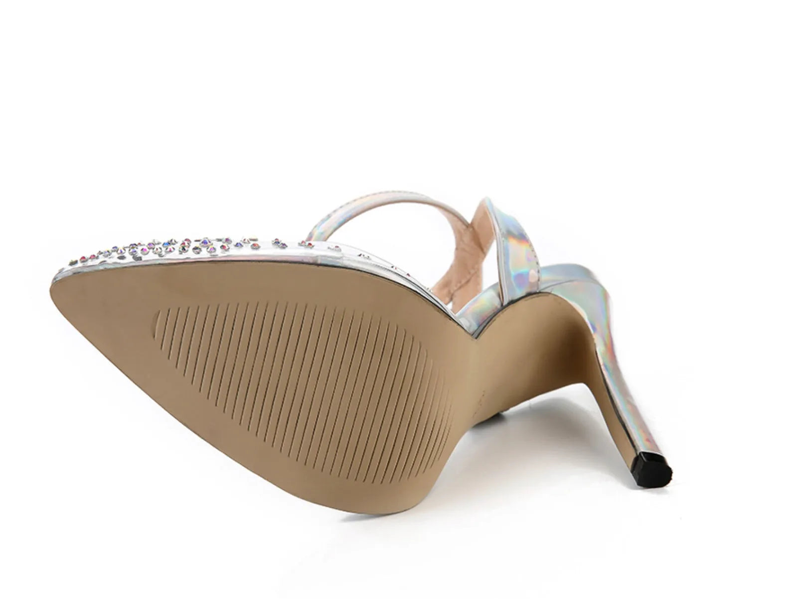 Clear PVC women's sandals with a pointed toe and a thin 10cm stiletto heel on a plain background.