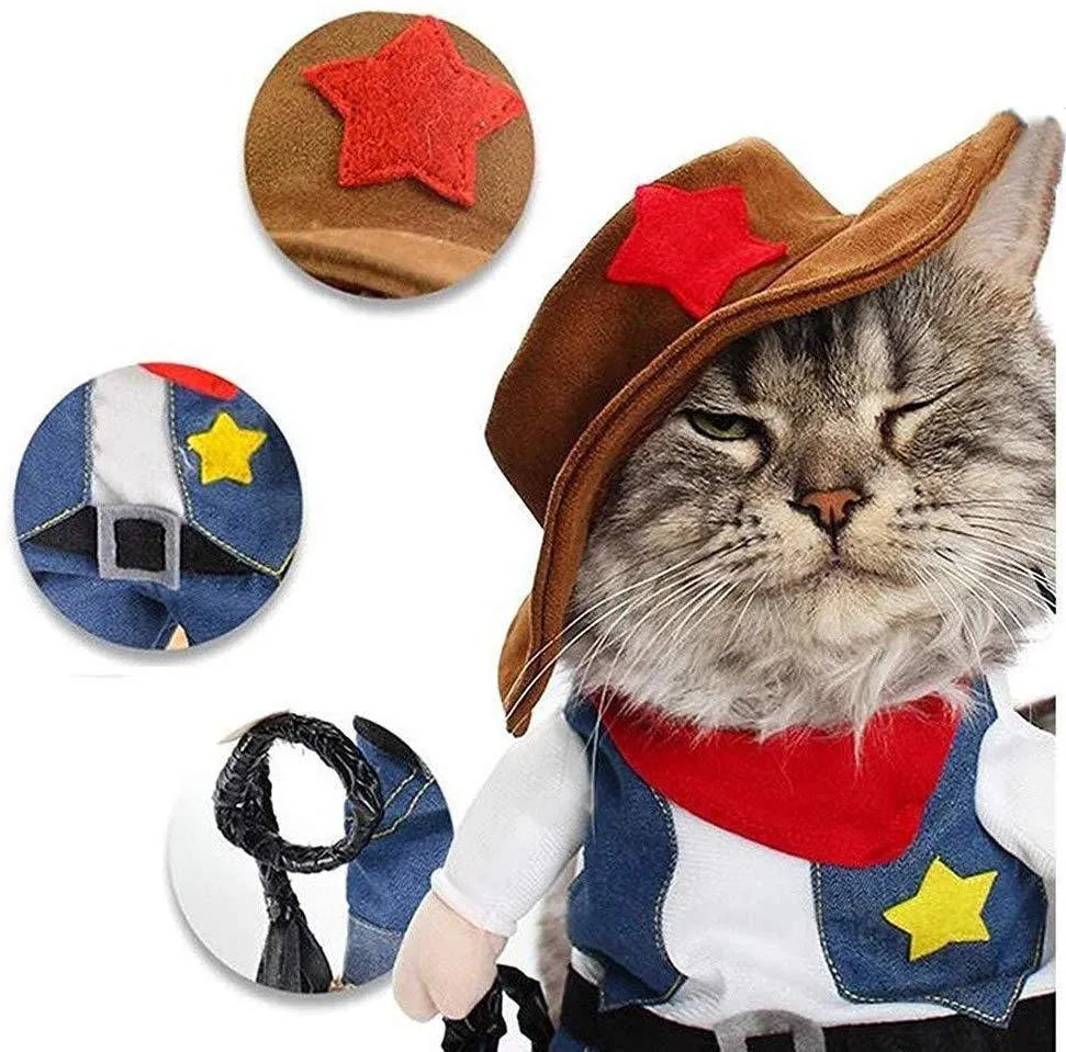 Pet denim cowboy costume with hat for cats and dogs dark blue cloth jacket set