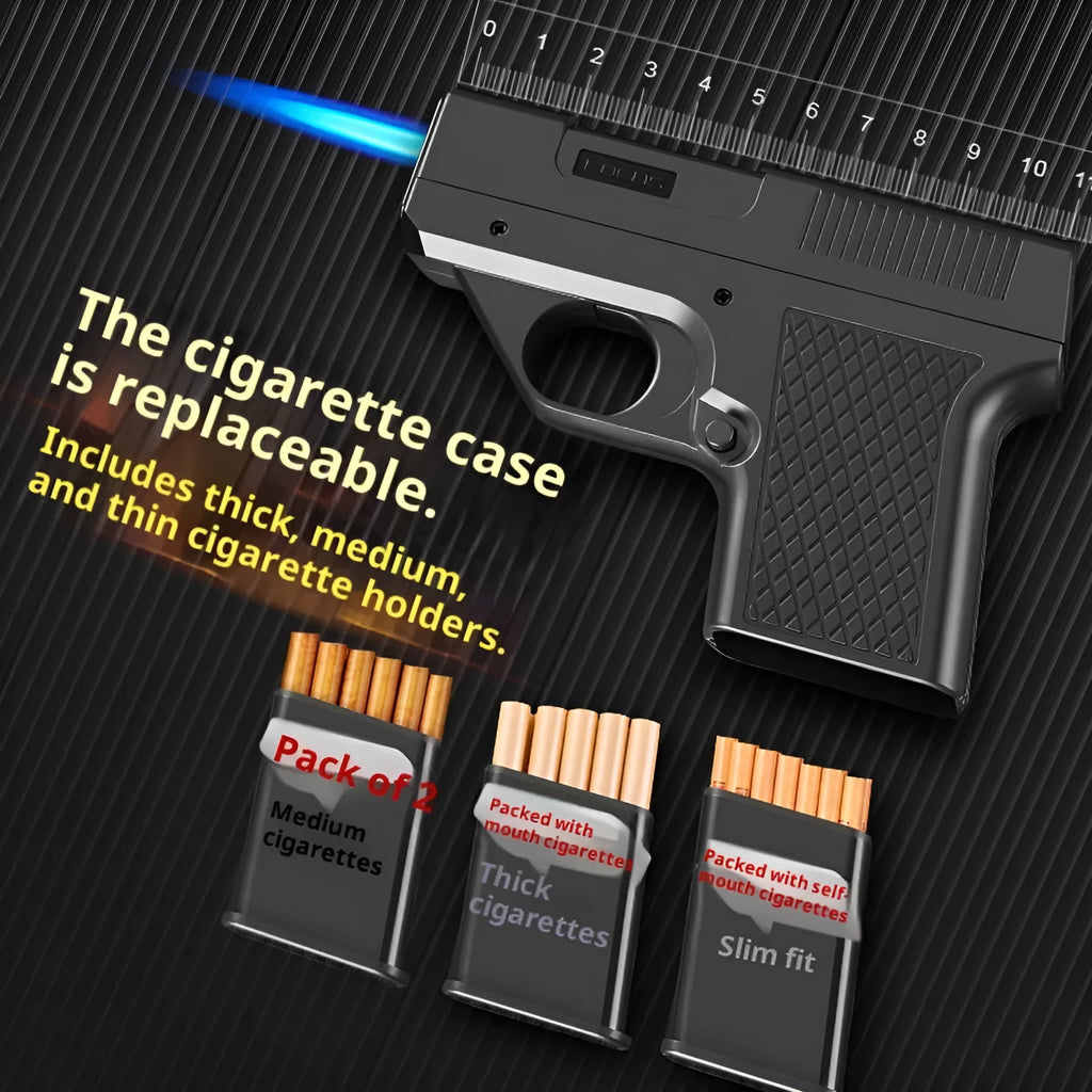 Plastic windproof gas lighter with cigarette case in black colour with three cigarette boxes