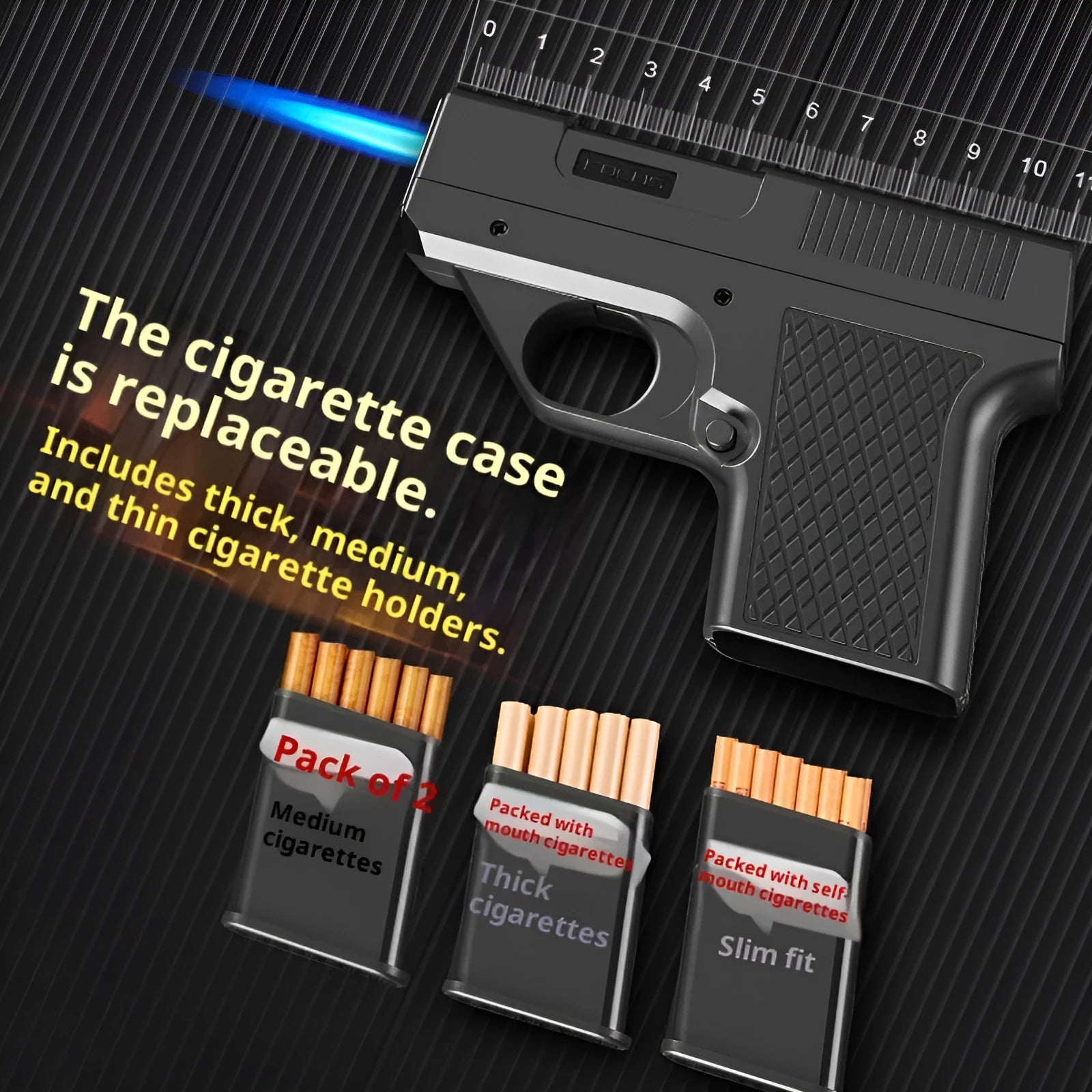 Plastic windproof gas lighter with cigarette case in black colour with three cigarette boxes